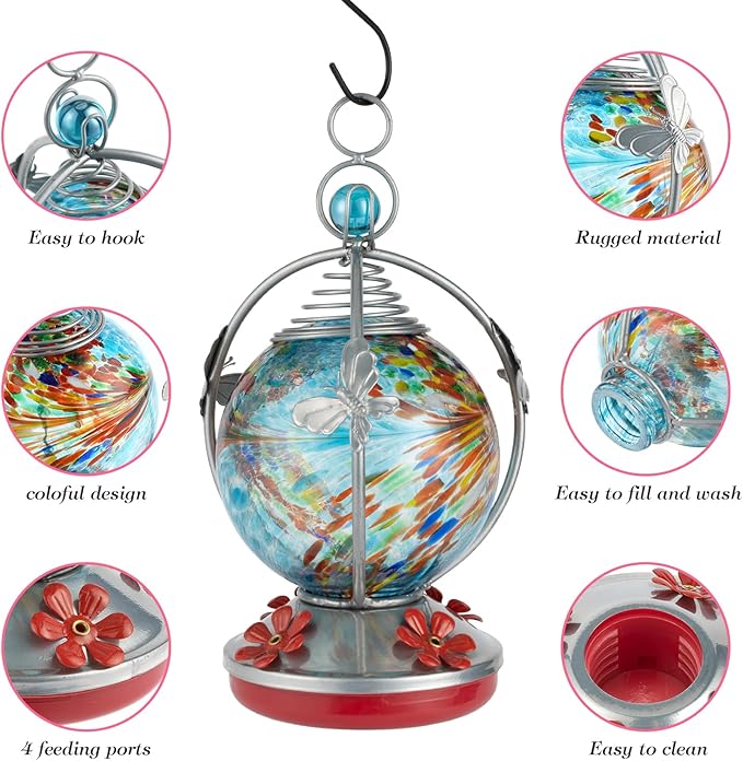 Backyard Expressions Glass Hummingbird Feeder - Blue - Hummingbird Feeders for Outdoors Hanging, Hand Blown Glass Hummingbird Feeder with Spiral Pattern