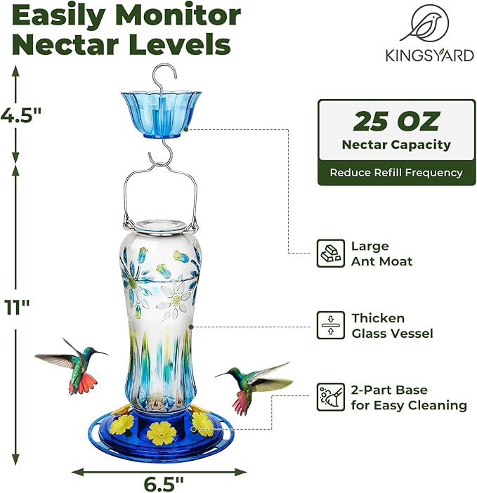 Kingsyard Hummingbird Feeder for Outdoors Hanging, 25 Ounces, Glass Humming Bird Nectar Feeder with Ant Moat & 6 Feeding Ports, Leak Proof, Blue