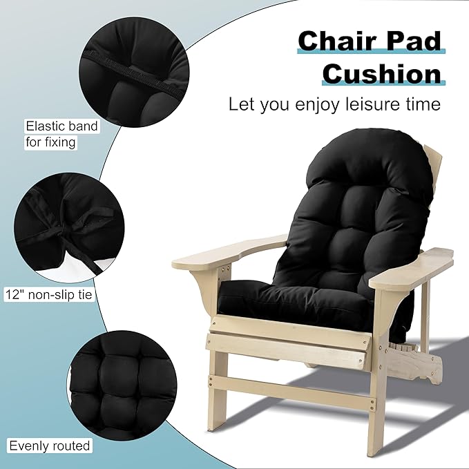 Adirondack Chair Cushion, Rocking Chair Cushion 44x19.4x4 inch, High Back Patio Cushions of Upper and Lower with Ties, Sunscreen and Fade-Resistant (Black, 2)