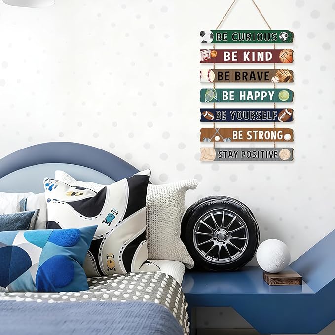 HLNIUC Sport Themed Wood Sign(11”x2”) Basketball Motivational Sayings Wall Decor,Inspiring Be Curious Be Kind Hanging Plaque,Be Yourself Classic Hanging Sign for Boys Kids Room Playroom Nursery Decor