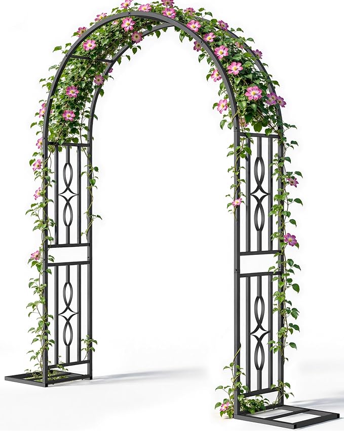 Metal Garden Arch, Heavy Duty Garden Trellis for Climbing Plants, with Enlarged Base for Stability, Ideal for Wedding Arches & Party Decorations, 55" W x 87" H