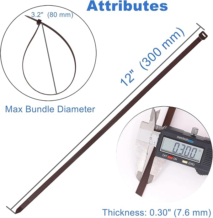 Cable Ties 12 Inch, Brown Zip Ties 50 Pieces, Thick 0.30 inch 120 Pounds Strength, Heavy Duty Outdoor Plastic Ties，Indoor Plants, DIY Projects，Garden, Home， Patio