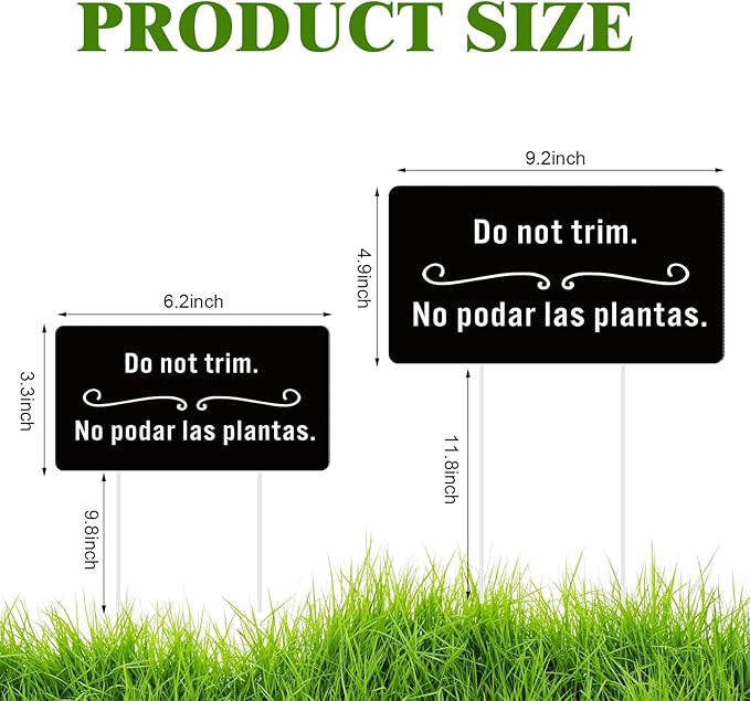 Soaoo 4 Pcs Corrugated Plastic Do Not Trim Yard Signs with Stakes 6.2 x 3.3 Inch 9.2 x 4.9 Inch Plant Signs Bilingual Garden Markers for Outdoor Lawn(Black,Classic)