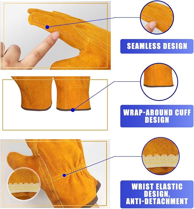Fire/Heat Resistant Welding Gloves, Thickened Short Labor Protection Gloves for Welding, Gardening, Animal Handling, Fireplace, BBQ, Industry Cutting, Forge, Construction, Grill, Oven, Large Size