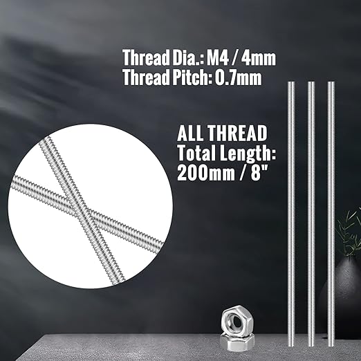 LEIFIDE 8/32 Inch 4mm Threaded Rod with Hex Nuts 4mm Stainless Steel Threads Studs Rods Stainless Steel Fully Threaded Hex Nuts for Beaded Garden Stake Rods(24 Pcs,8 Inch)