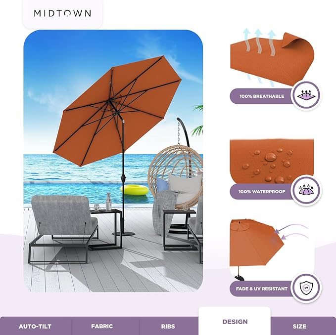 Midtown Umbrellas 10-Year-No-Fade - 8 Ft - UV Proof Dark Orange Polyester Fabric - Umbrella Outdoor Patio, Auto-Tilt Aluminum Frame Patio Umbrella for Garden, Pool & Deck - Black Pole
