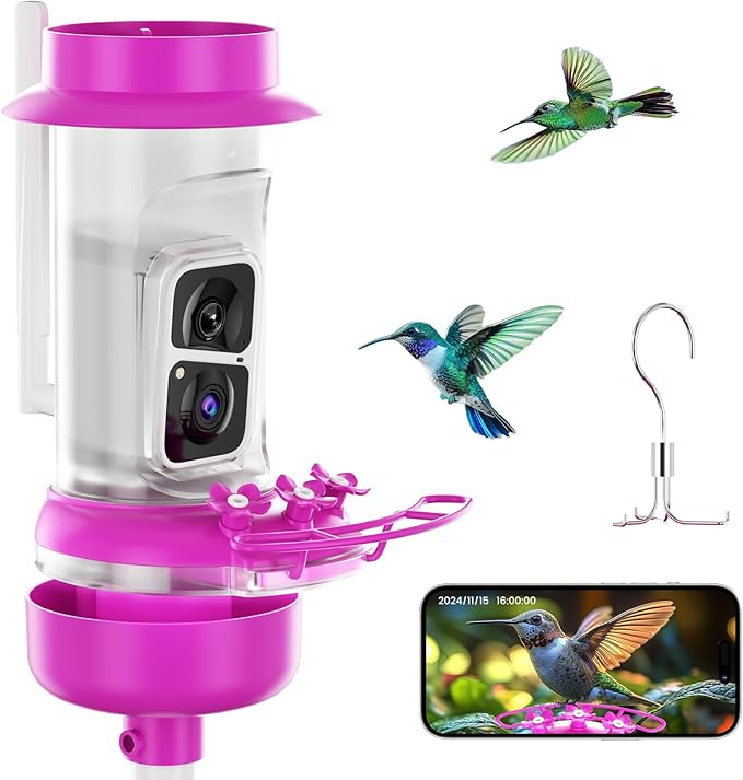 Soliom Hummingbird Feeder with Camera, Smart Bird Feeder Camera with 2K Live View AI Identify Species, Leak Proof & Ant Moat & Bee Proof, Outdoor Pole/Hook Hanging, 16 OZ Ideal Gifts for Family-Pink