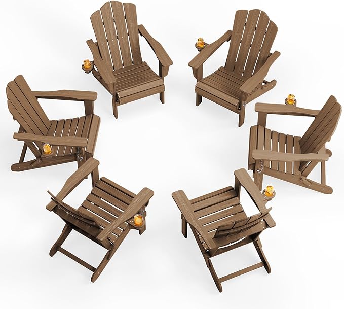 KINGYES Folding Adirondack Chair Set of 6, HDPE All-Weather Patio Chairs with Cup Holder, Wooden Textured Fire Pit Chairs for Poolside, Backyard, Deck, Brown
