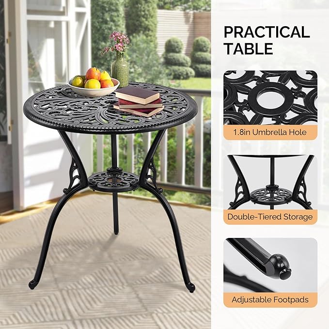 VINGLI 3 PCS Outdoor Bistro Set, Outdoor Patio Set, All-Weather Cast Aluminum Bistro Table Set, Bistro Table and Chairs Set of 2 for Backyard, Garden, Balcony (Black, Butterfly)