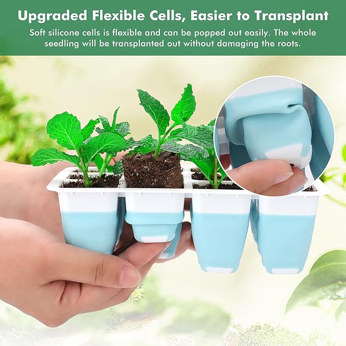 Reusable Seed Starter Tray with 72 Soft Silicone Cells, 6 Pack Seed Starter Kit with Repotting Mat, Humidity Dome and High Lid, Germination Trays for Indoor Greenhouse Seed Starter
