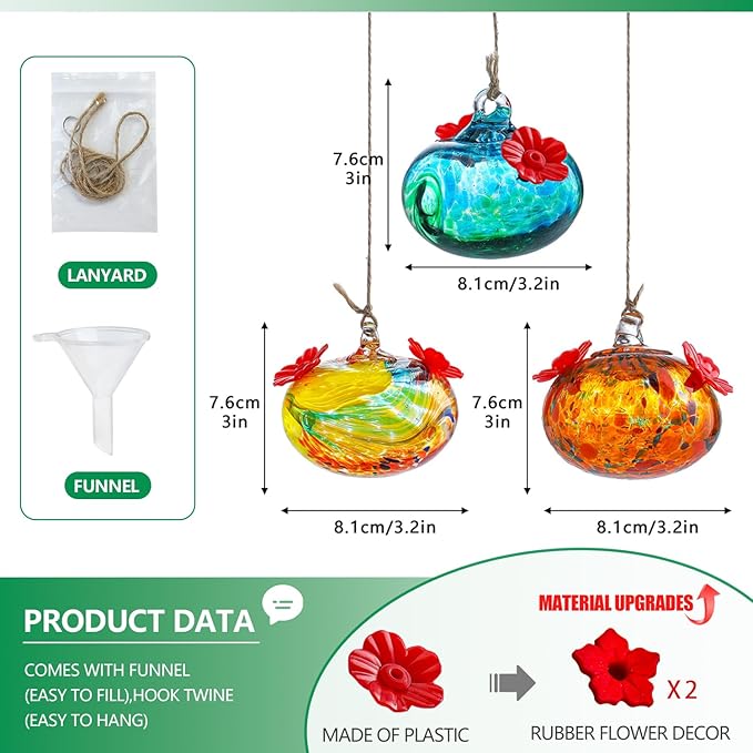 Set 3 Small Blown Glass Hummingbird Feeders for Outdoors Hanging with 2 Flower Feeding Ports 3inch Glass Humming Bird Feeders Garden Decor for Outside