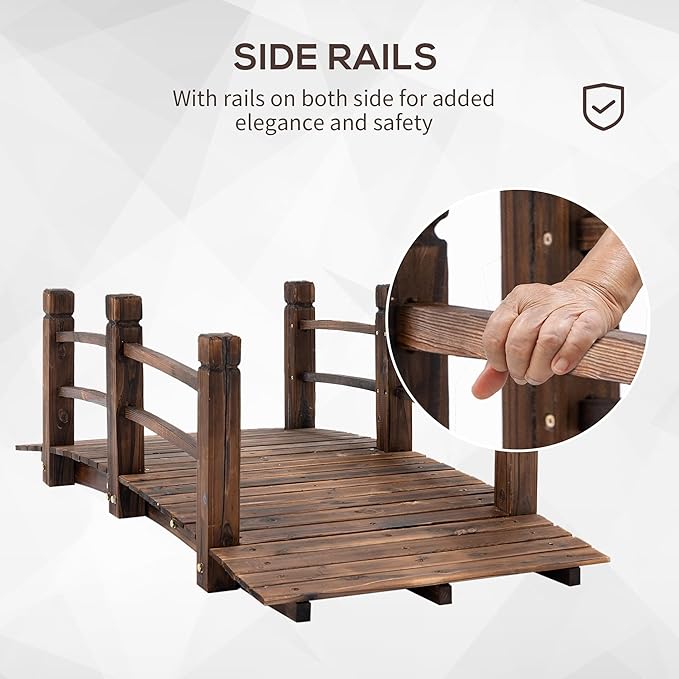 Fir Wood Garden Bridge, 5ft Arc Walkway with Side Railings, Stained Wooden Footbridge for Backyards, Gardens, Streams, 60" x 26.5" x 19"