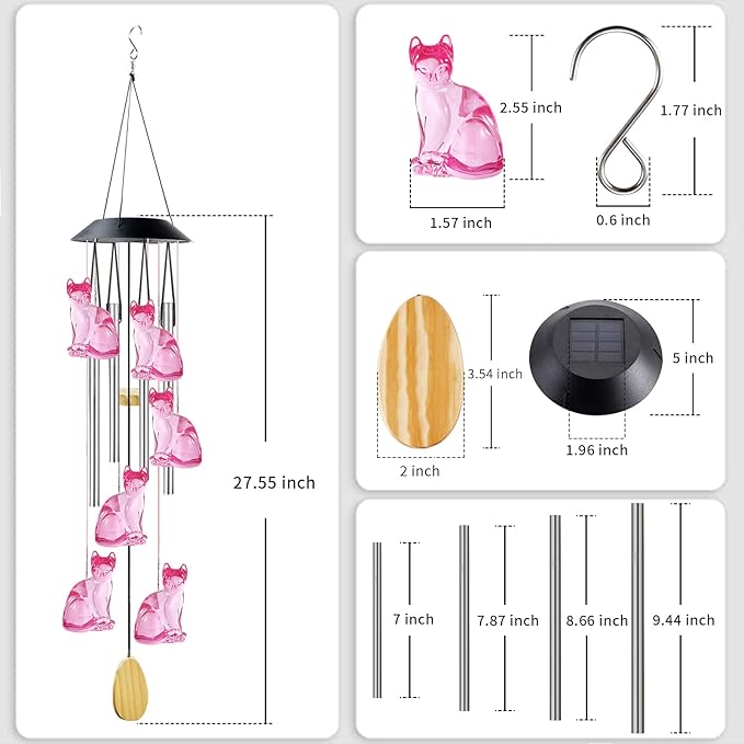 Cat Solar Wind Chimes for Outside - AIONASA Color Changing LED Solar Hanging Lights Outdoor, Waterproof Windchimes Outdoors Hanging Gifts for Mom Grandma Women, Home Garden Patio Yard Porch Decoration