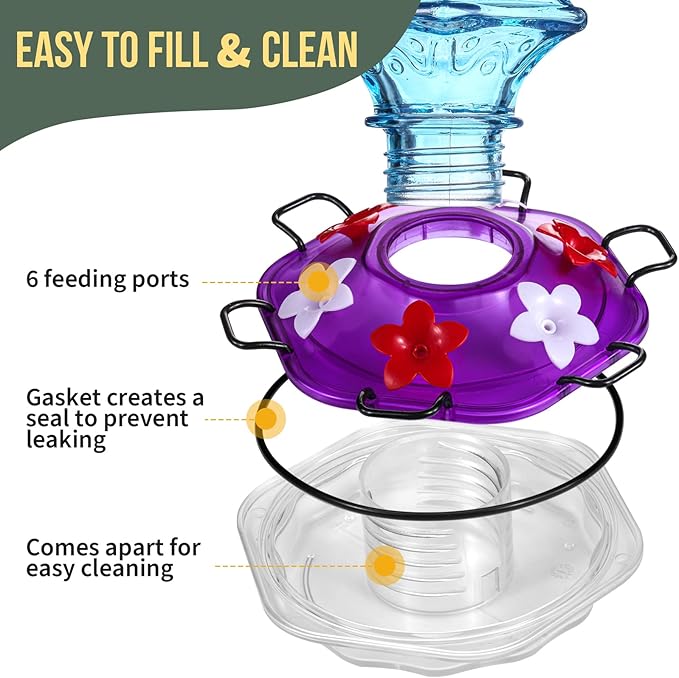 Hummingbird Feeder for Outdoors, Lantern Shaped Bottle, 6 Simulation Flowers Feeding Ports, 26 fl.oz, Hanging for Garden Yard, Rust Proof, Blue(Ant Moat Included)