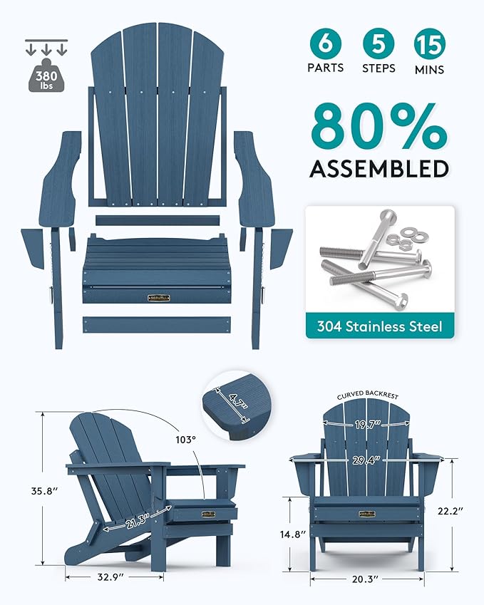 SERWALL Folding Adirondack Chair Patio Chair Lawn Chair Outdoor Adirondack Chairs Set of 8 Weather Resistant for Patio Deck Garden, Backyard Deck, Fire Pit - Blue