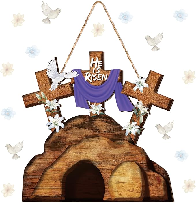 Juexica Easter Cross Door Sign Wall Hanging Decor He is Risen Decorations Religious Wood Hanger for Front Door Porch Home Indoor Outdoor Spring Wall Pediments