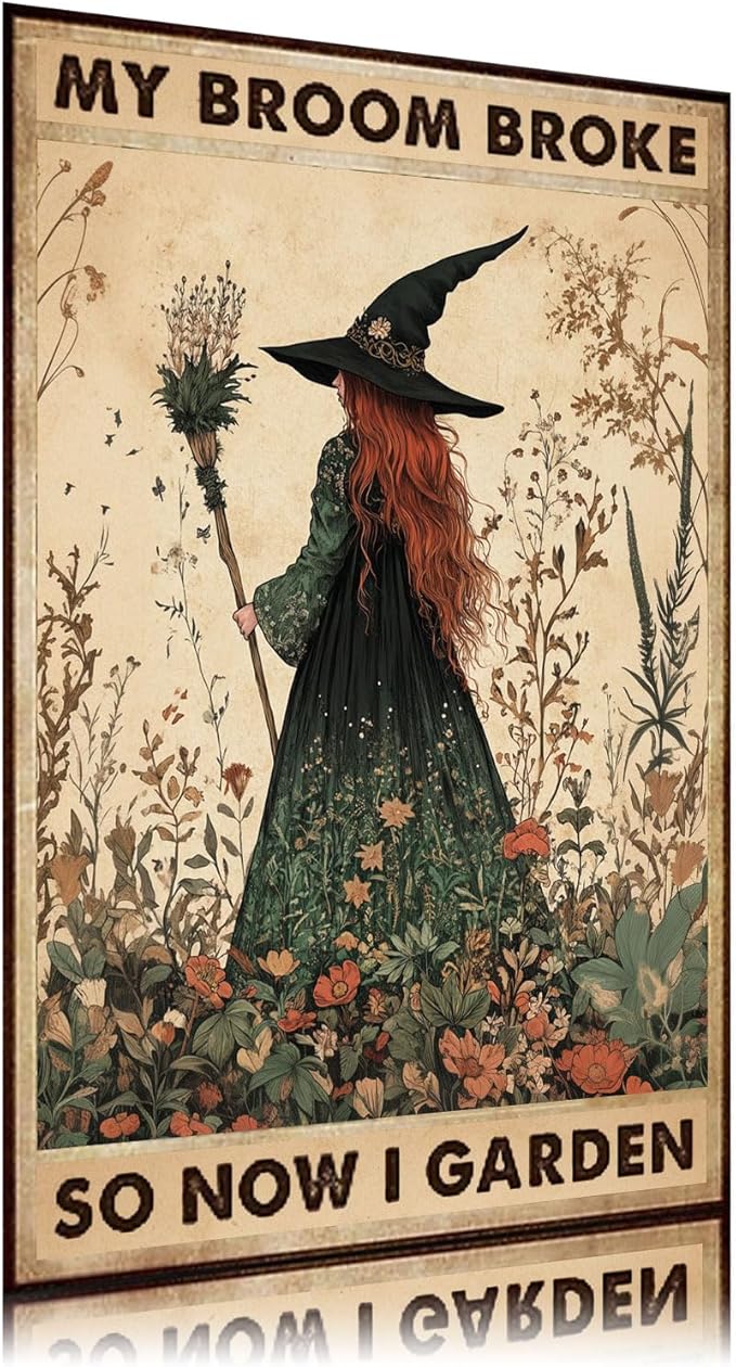 Witch My Broom Broke So Now I Garden Metal Sign Vintage Tin Sign Funny Wall Decor for Garden Fence Backyard Outdoor Home 12×8 Inch