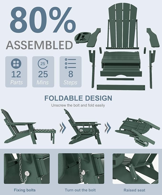 Adjustable Adirondack Chair with Retractable Ottoman Set of 6, HDPE Folding Adirondack Chair with Cup Holder, All Weather Fire Pit Chair for Outdoor.