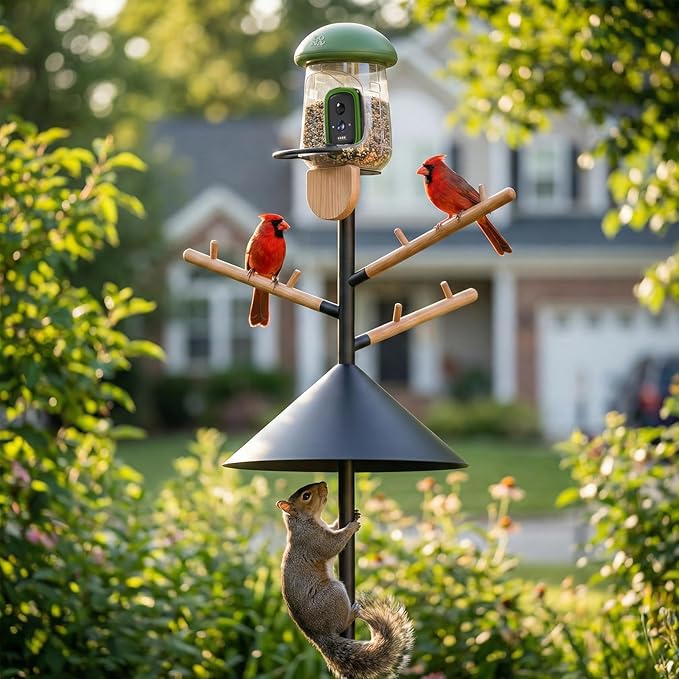 LONA Heavy Duty Bird Feeder Pole - 105 Inch Adjustable Height with 0.9-Inch Dia Bird House Pole Mount Kit for Outdoors, Squirrel Proof Baffle, 5-Prong Base, Feeding Stand for Hanging Feeders