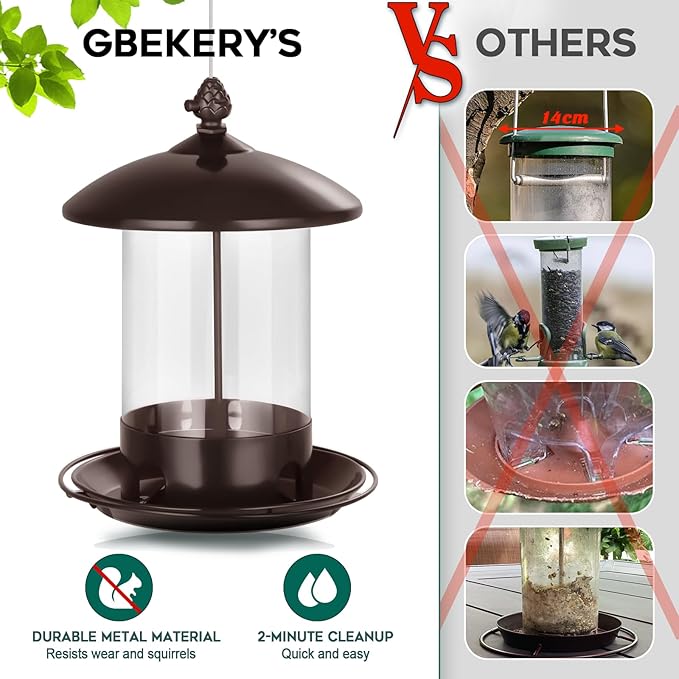 Metal Bird Feeders for Outdoors Hanging, Weather Resistant Wild Bird Feeder with 360 Degree Feeding Tray, Brown