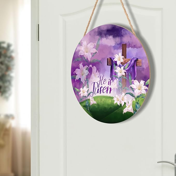 He is Risen Purple Door Sign For Front Door Decor,Religious Cross Lily Flowers Wooden Sign 12"x 12" Round Easter Hanging Door Sign Decoration for Wall Rustic Decor