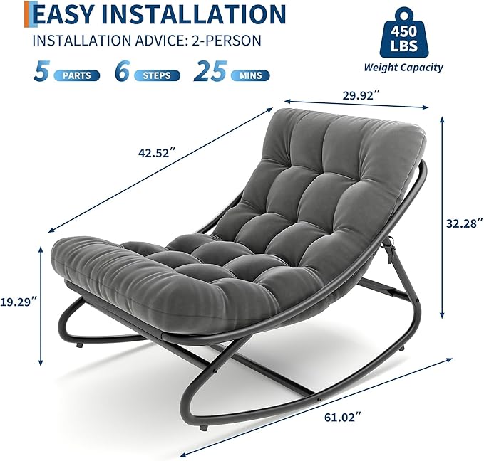 PeakPursuit Indoor Outdoor Papasan Rocking Chair with Cushion, Oversized Outdoor Rocking Chair, All Weather Rocking Papasan Chair for Bedroom/Living Room/Porch/Garden/Patio
