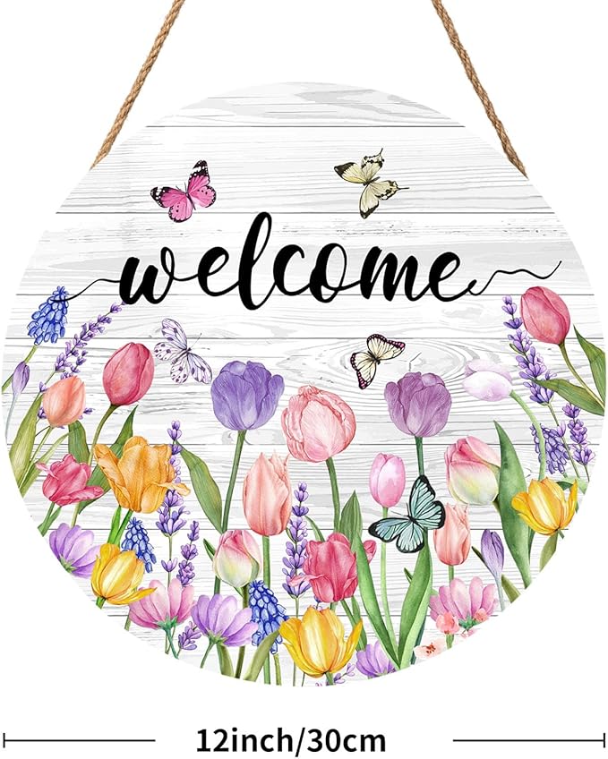 Welcome Spring Summer Tulip Flower Door Sign For Front Door Decor,Floral Butterfly Wooden Sign 12"x 12" Round Hanging Door Sign Decoration for Wall Rustic Decor