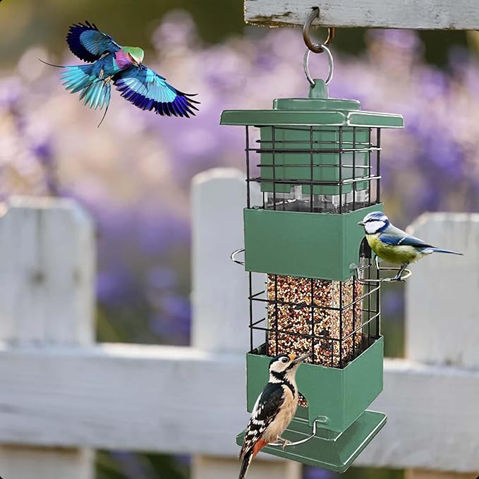 Bird Feeder Squirrel Proof for Outdoors Hanging, 3Lbs Metal Heavy Duty Birds Feeder with 4 Feeding Ports, Birdseed Feeder for Cardinal, Finch, Sparrow, Wild Birds (Green)