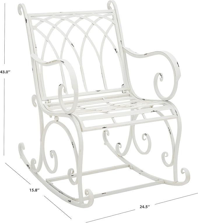 SAFAVIEH Outdoor Collection Medrano Victorian Antique White Wrought Iron Rocking Chair