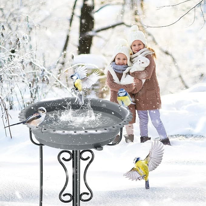 Heated Bird Bath for Outside Winter,100W Thermostat Control Birdbath Bowl with Metal 5-Prong Base,Freestanding Heated Bird Baths for Outdoors Garden Patio Yard Lawn (Gray)
