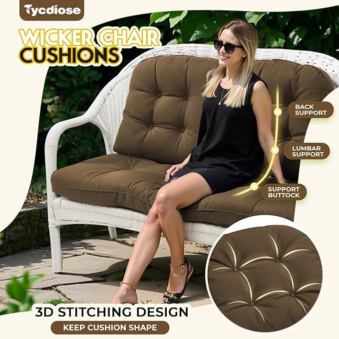 All Weather 3 Pieces Wicker Furniture Chair Cushions, Waterproof Outdoor Wicker Chair Cushion for Patio Furniture Loveseat Settee Bench, 1 Loveseat and 2 U-Shaped Thickened Cushions, Brown