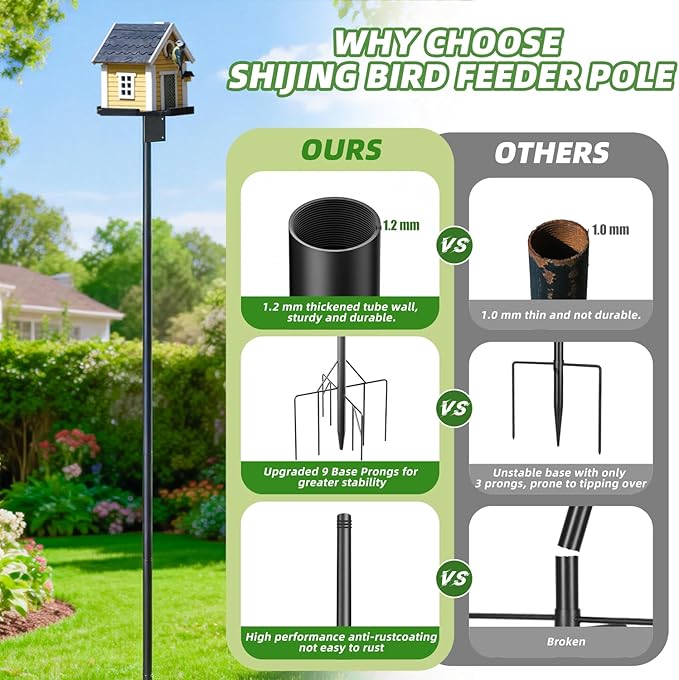 92 Inch Bird Feeder Pole with 9-Prong Base, 2026 New Heavy Duty Bird House Pole for Outdoor Feeders & Birdhouse, BirdFeeding Stand for Decor, Birdwatching & Weather Stations