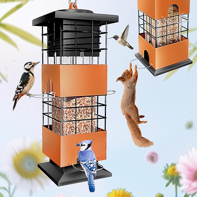 Squirrel Proof Bird Feeder,3Lbs Metal Birdfeeders Squirrel Proof with 4 Feeding Ports for Outside, Birds Seed Feeder for Outdoors, Cardinal, Finch, Sparrow (Brown)