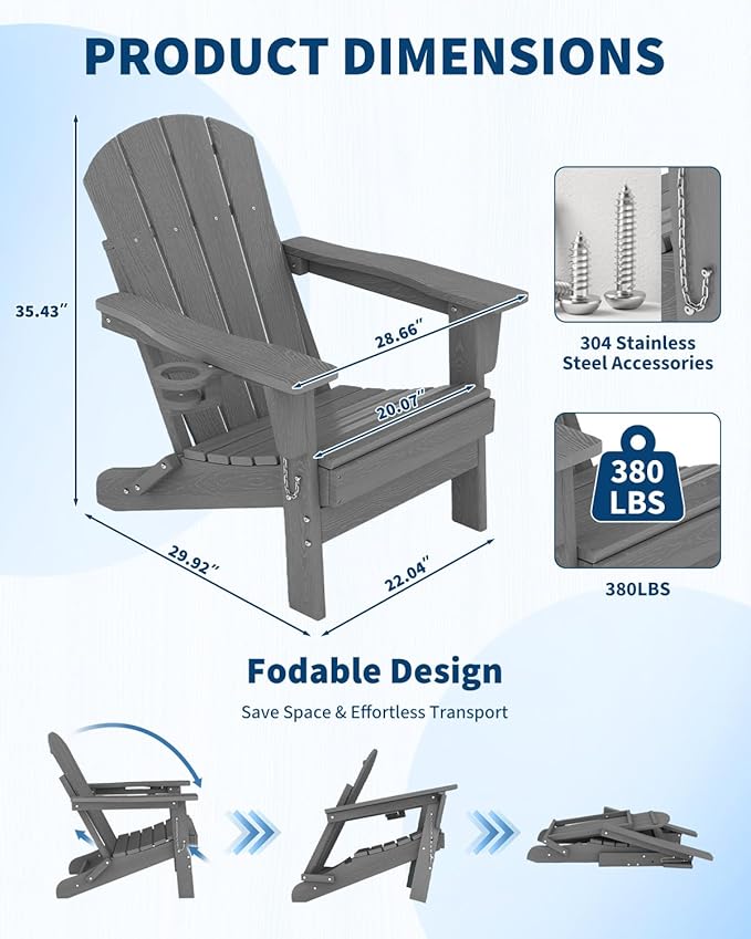 Folding Adirondack Chair Set of 4 with Ottoman, All-Weather HDPE Outdoor Chair, Wooden Textured with Cup Holder for patios, Decks, Gardens, fire pits, Grey