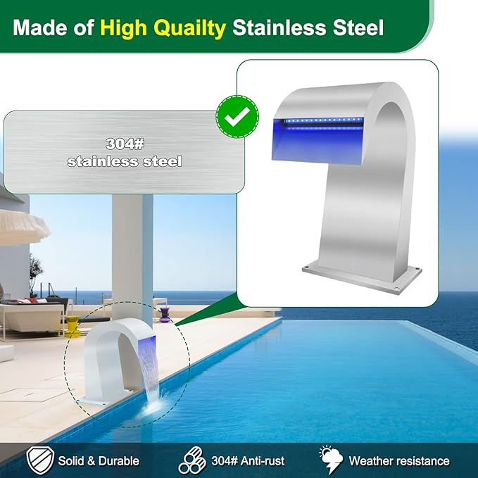LONGRUN Waterfall Spillway Stainless Steel S-Shaped Pool Fountain, RF & APP Controled Colorful LED Light Pond Waterfalls for Indoor Outdoor Garden Rockery Koi Pond Swimming Pools-12.6" Height