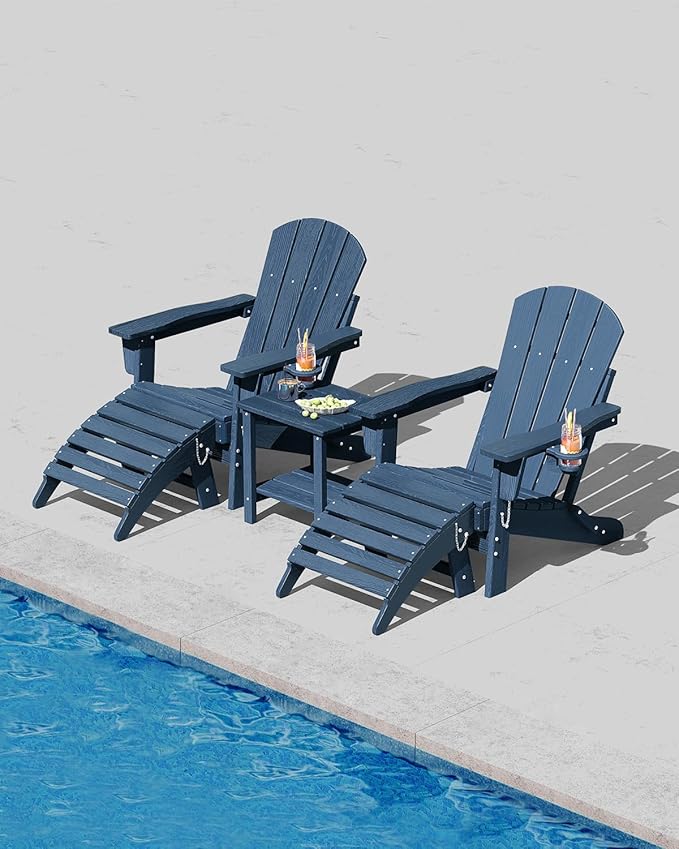 Folding Adirondack Chair Set of 5, All-Weather HDPE Outdoor Chair, Wooden Textured with Cup Holder for patios, Decks, Gardens, fire pits, Navy Blue