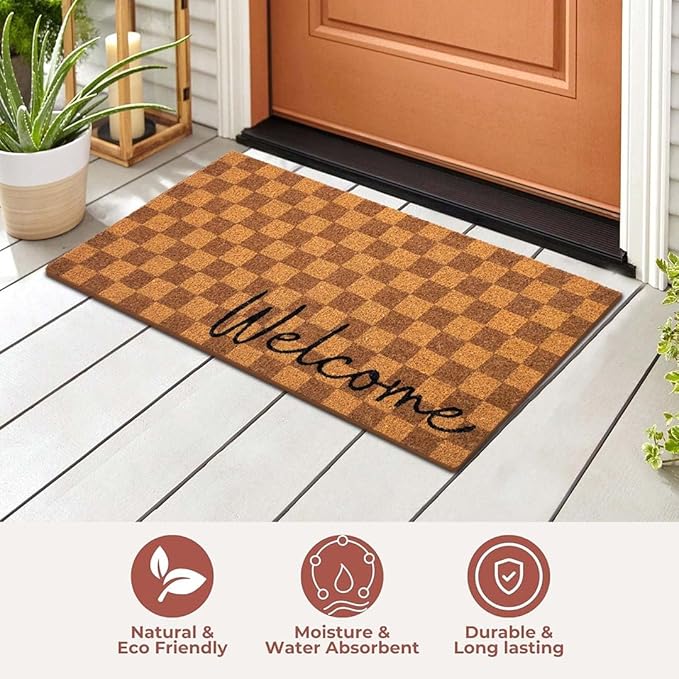 Folkulture Welcome Matt Outdoor | 16 x 28 Door Mats for Front Door Mat Outside Entrance | Eco Friendly | Welcome-Mats Cute | Checkered Coir Door Mats | Outdoor Decor for Home | Durable & Anti Slip