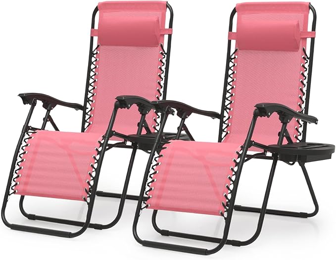 Magshion Zero Gravity Lounge Chairs Set of 2, Outdoor Patio Reclining Chair with Side Tray, Adjustable Anti-Gravity Recliners with Pillow Headrest, Folding Lounger for Lawn Camping Beach, Pink