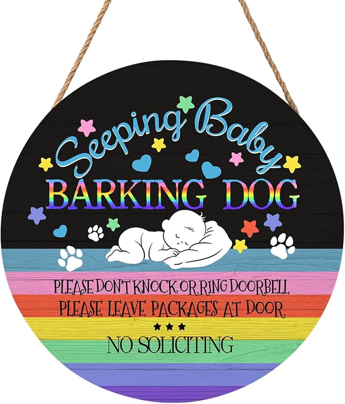 Sleeping Baby Sign Decor, Do Not Knock Or Ring Doorbell Hanging Sign 12"x 12" For Front Door, No Soliciting Sign For Home Baby Room Nursery Outdoor, Dog Warning Round Door Hanger Decorations