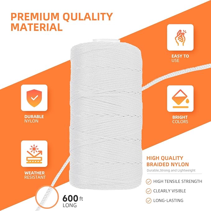 White Mason Line String 600 Feet #18 Braided Nylon Twine String for Masonry Jobs,General Construction Layout,Gardening and DIY Projects,Masonry Tools Construction String for A String line Level
