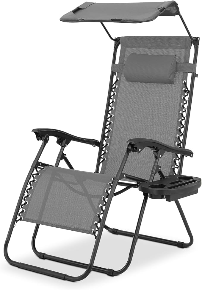 Magshion Zero Gravity Lounge Chair with Canopy, Outdoor Foldable Patio Reclining Chair with Side Tray, Adjustable Anti-Gravity Recliner with Pillow Headrest, Lounger for Lawn Camping Beach (Grey)