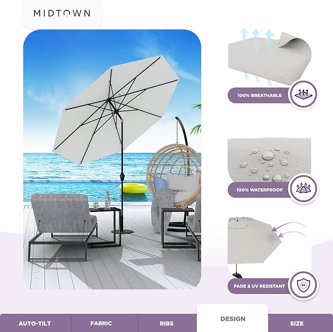 Midtown Umbrellas - 10-Year-No-Fade 9 Ft Patio Umbrella with Terylast Fabric, Auto-Tilt Aluminum Frame and 8 Reinforced Ribs for Deck, Pool, Garden & Beach - Off White Canopy, Black Pole