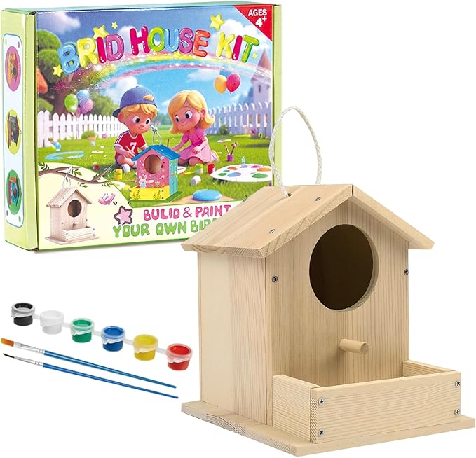 Bird House Kits for Kids Ages 4-8, Wooden DIY Birdhouse Kit, Outdoor Woodworking Crafts Freestyle Painting, Bird Houses for Outside with Paints & Brushes, Boy Girl Gift Christmas(1Pcs)