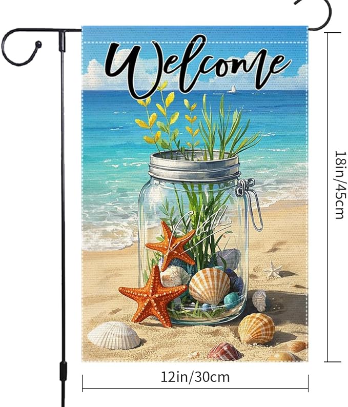 Sea Shell Starfish Mason Jar Garden Flag 12x18 inch Vertical Double Sided Coastal Burlap Outdoor Lawn Beach Welcome Summer Garden Flags Decorations