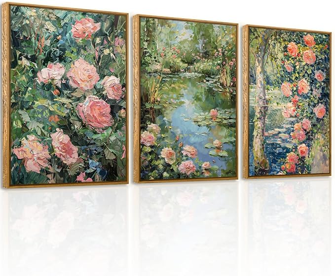QTUSYUR Watercolor Rose Flower Wall Art - Large Farmed Country Garden Pond Art Print - Plant with Floral Canvas Artwork for Farmhouse Living Room- Vintage Abstract Painting for Home Decor 16”×24”×3