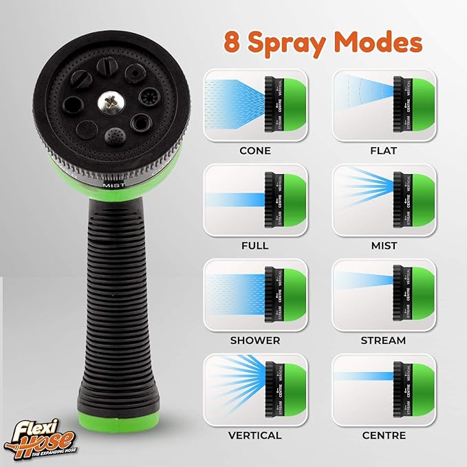 Flexi Hose with 8 Function Nozzle, 75FT - Lightweight Expandable Garden Hose, No-Kink Flexibility, 3/4 Inch Solid Brass Fittings and Double Latex Core - Green