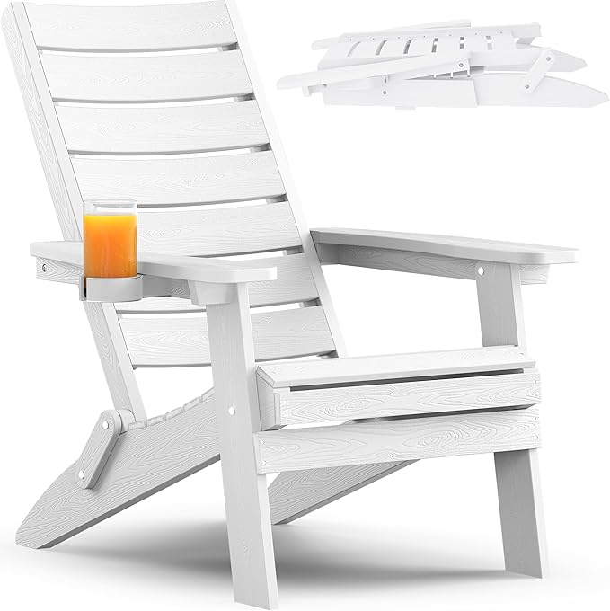 YEFU Folding Oversized Adirondack Chair: Plastic Fire Pit Chair Heavy Duty with Arc Backrest & Cup Holder - All Weather Patio HIPS Adirondack Chairs for Outdoor Lawn Garden Wood-Texture-White