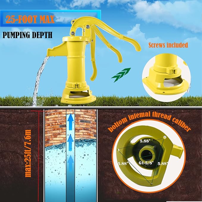 Durable Antique Cast Iron Pitcher Pump: Manual Hand Shake Suction Well Pump for Water Transfer, 25ft Maximum Lift, Easy Installation, Suitable for Outdoor Gardens, Ponds, and Backyards. (Yellow)
