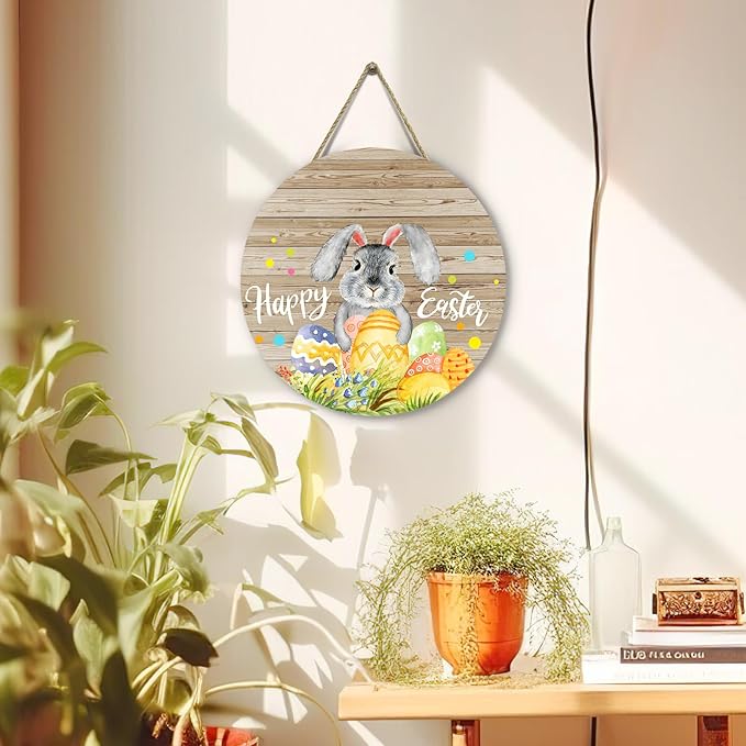 Happy Easter Bunny Door Signs Easter Eggs Rabbit Front Door Hanger Spring Wooden Porch Door Hanging Sign for Holiday Farmhouse Party Decorations