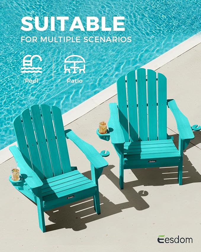 Adirondack Chairs Set of 4, HDPE Material Fire Pit Chairs, Plastic Adirondack Chairs with 2 Cup Holder, Outdoor Lawn Chair for Patio Garden, Lake Blue